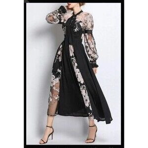 Jardin Vue Long Sleeve Scarf Collar Lace Up Midi Dress Womens L Black Pink Sheer